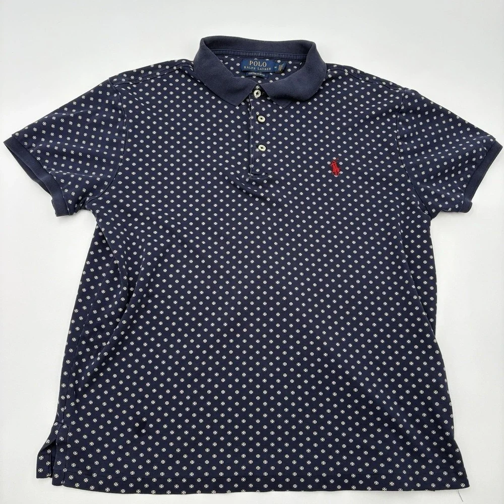 Polo Ralph Lauren Men's Custom Slim Fit Navy Polo Shirt White Cross Print Size M